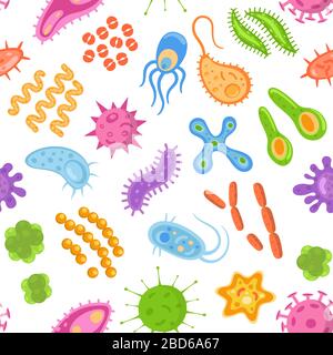 Modello senza cuciture con cartoni colorati batteri, virus e germi . Cellule di microrganismo che ripetono il background per la progettazione del textil, cartapper di avvolgimento Illustrazione Vettoriale