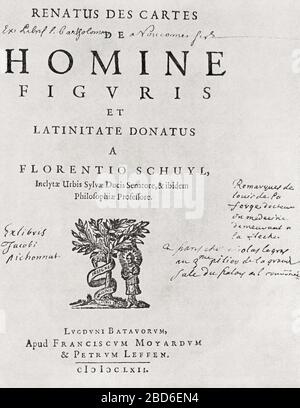 Pagina del titolo annotata della prima edizione del De homine di Descartes, 1662, che contiene i passaggi sull'azione del riflesso, l'innervazione reciproca e la ghiandola pineale come sede dell'anima. René Descartes, 1596 – 1650. Filosofo, matematico e scienziato francese. Da letture selezionate nella Storia della Fisiologia, pubblicato nel 1930. Foto Stock