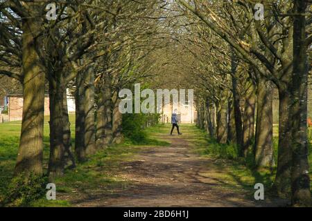 Wanstead Park, Londra, Regno Unito - 07 aprile 2020: Le persone camminano nel Wansteda Park mentre osservano le distanze sociali in un pomeriggio soleggiato di martedì durante il blocco britannico. Il governo ha consigliato al pubblico di rimanere a casa in tutto il Regno Unito a causa della pandemia Covid-19, ma per viaggi essenziali per le basi e l'esercizio fisico. Foto: David Mbiyu/ Alamy Live News Foto Stock