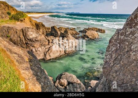 Scogliere a te Arai Point all'alba, Auckland Region, North Island, Nuova Zelanda Foto Stock