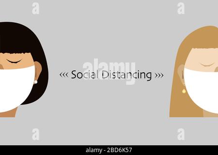 Concetto di allontanamento sociale, prevenzione di 2019-ncov di coronavirus pandemico, prevenzione di diffusione di virus. Concetto di misure di quarantena Illustrazione Vettoriale