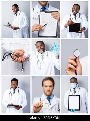 Medici al lavoro. Composizione di medici professionisti in uniforme e alcune attrezzature mediche. COVID-19. Prevenzione della pandemia. Team medico multiculturale. Fermata Coronavirus. Concetto di assistenza sanitaria. Collage verticale Foto Stock