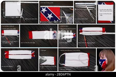 Le immagini mostrano passo dopo passo come cucire una maschera di tessuto. Testo in inglese. Maschera facciale in tessuto fai da te. Foto Stock
