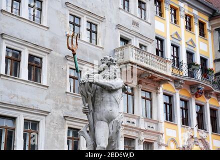 Scultura di Nettuno sull'Untermarkt, Görlitz Germania Foto Stock