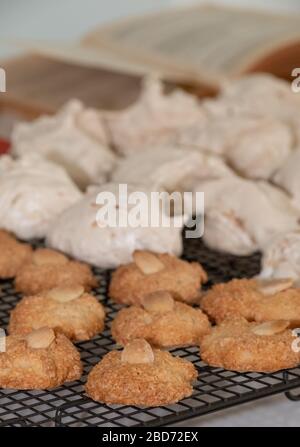 Pasqua (Pesach) - biscotti di mandorla macaroon e torte di meringa al cocco, presentati su un vassoio di raffreddamento a filo Foto Stock