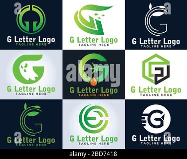 Logo ecologico, lettera G con logo a foglia. Illustrazione Vettoriale
