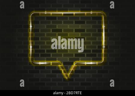 Cupola di chiacchierata gialla quadrata con un cartello al neon o una striscia luminosa LED. Illustrazione vettoriale realistica. Parete in mattoni neri, ombra morbida, supporti in metallo. Illustrazione Vettoriale