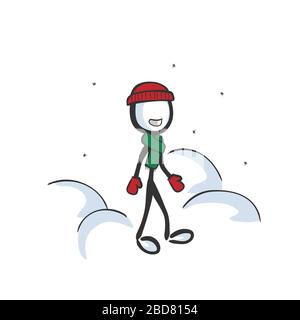 Uomo che indossa la sciarpa e i guanti del cappello di inverno. Divertimento all'aperto durante la stagione fredda. Disegnato a mano. Cartoon Stickman. Schizzo di Doodle, illustrazione grafica vettoriale Illustrazione Vettoriale