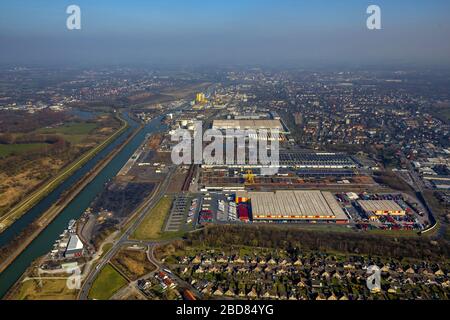 Area commerciale di Hamm a Chanal Dattel-Hamm-Kanal, 12.03.2014, vista aerea, Germania, Nord Reno-Westfalia, Ruhr Area, Hamm Foto Stock