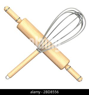 Il perno di laminazione in legno e il filo metallico in acciaio rendono l'illustrazione isolata su sfondo bianco Foto Stock