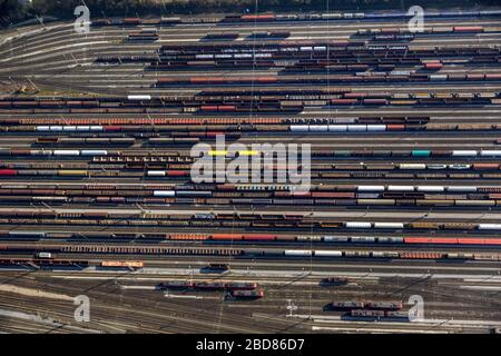 Stazione di smistamento e trasporto merci di Hamm, l'ex stazione ferroviaria di trasporto merci più grande d'Europa è ora parzialmente chiusa, 12.03.2014, vista aerea, Germania, Foto Stock