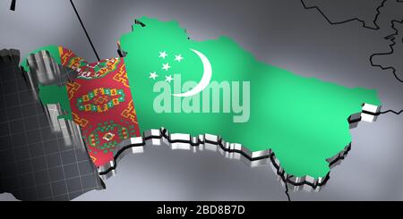 Turkmenistan - frontiere e bandiera - illustrazione 3D Foto Stock