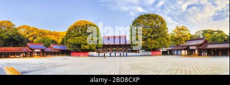 Il santuario Meiji Jingu nella città di Tokyo - ampio panorama intorno al cortile centrale in luce soffusa al mattino senza folla di turisti. Foto Stock