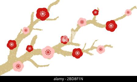 Fiore di prugne e illustrazione dell'albero per il biglietto di auguri di nuovo anno Illustrazione Vettoriale