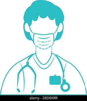 medico online, personale medico maschile protezione medica maschera e stetoscopio covid 19 illustrazione vettoriale, stile linea icona Illustrazione Vettoriale