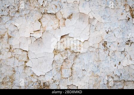 Telaio pieno grunge sfondo di muro intemperato con pezzi di vernice bianca macchiata scricchiolio Foto Stock