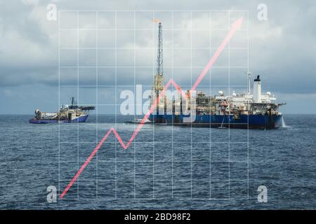 Concetto di crescita nell'industria petrolifera marina con grafica in aumento. Aumenti del prezzo del petrolio. Autocisterna FPSO con fornitura di un'imbarcazione subacquea su un giacimento petrolifero Foto Stock