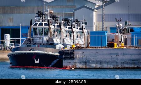 Quattro rimorchiatori della marina statunitense attraccarono nel porto di Yokosuka, Giappone. Foto Stock