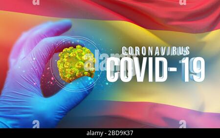 Coronavirus COVID-19 concetto di focolaio, virus che minaccia la salute, sfondo sventolare bandiera nazionale della Spagna. Pandemico stop nuovo epidemia di Coronavirus Foto Stock