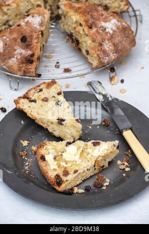 Pane soda di frutta fatto in casa su un piatto di peltro e rack di raffreddamento a filo rotondo Foto Stock