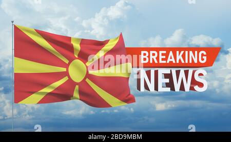 Ultime notizie. Notizie del mondo con backgorund che sventola bandiera nazionale della Macedonia del Nord. Illustrazione 3D. Foto Stock