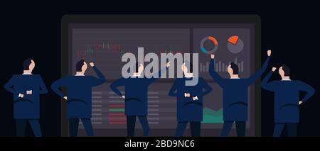 Dipendente uomo d'affari che guarda insieme a stock prezzo o forex trading screen monitor con candela bastone grafico Illustrazione Vettoriale