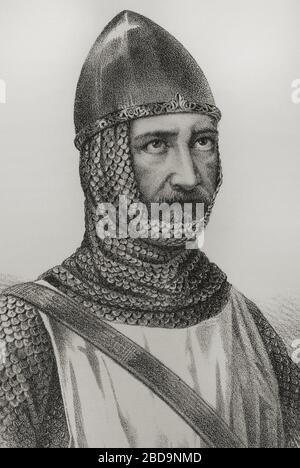 Jean IV de Béthencourt (Juan IV de Bethencourt) (1362-1425). Nobile, militante, navegante, comerciante y pirata francés. Inició la llamada conquista señorial de las Islas Canarias. Ritrao, detalle. Litografía. Crónica General de España, Historia Ilustrada y Descriptiva de sus Provincias. Canarias, 1871. Foto Stock