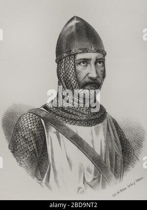 Jean IV de Béthencourt (Juan IV de Bethencourt) (1362-1425). Nobile, militante, navegante, comerciante y pirata francés. Inició la llamada conquista señorial de las Islas Canarias. Ritrao. Litografía. Crónica General de España, Historia Ilustrada y Descriptiva de sus Provincias. Canarias, 1871. Foto Stock