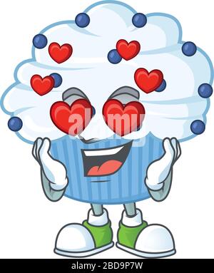 Affascinante cupcake blu vaniglia personaggio cartoon con un volto innamorato Illustrazione Vettoriale