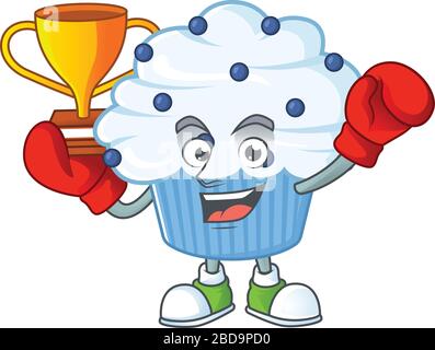 Fiero faccia di boxing vincitore vaniglia cupcake blu presentato nel disegno di carattere cartoon Illustrazione Vettoriale