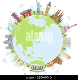 viaggio mondiale illustrazione vettoriale circolare ( edifici famosi in tutto il mondo / patrimonio mondiale ) / terra Illustrazione Vettoriale