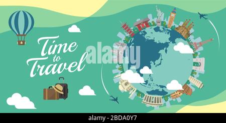 Time to Travel (vacanza, giro turistico) banner illustrazione vettoriale Illustrazione Vettoriale
