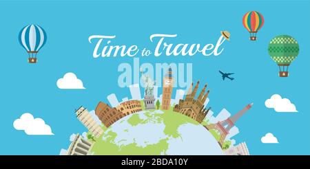 Time to Travel (vacanza, giro turistico) banner illustrazione vettoriale Illustrazione Vettoriale