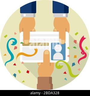Felice di ottenere una nuova patente di guida ( carta d'identità ). Illustrazione vettoriale banner circolare. Illustrazione Vettoriale
