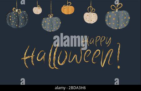 Cartolina orizzontale per la festa di Halloween. Il banner è scuro. Poster con zucche. La notte di tutti i viventi. Illustrazione Vettoriale