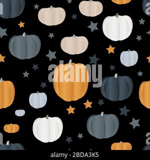 Modello senza cuciture con zucche di diversi colori. Raccolta autunnale. Cibo sano. Design tessile. Illustrazione Vettoriale