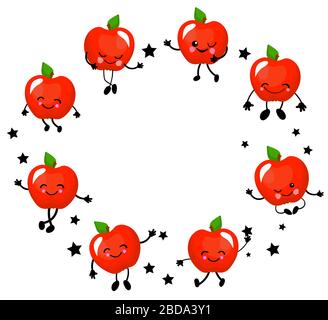 personaggi di mele. Frutti divertenti con un viso e un sorriso. Corona rotonda di mele rosse. Illustrazione Vettoriale