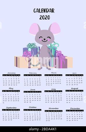 calendario 2020 con personaggi divertenti. Pianificatore per bambini. Parete o tasca. Illustrazione Vettoriale
