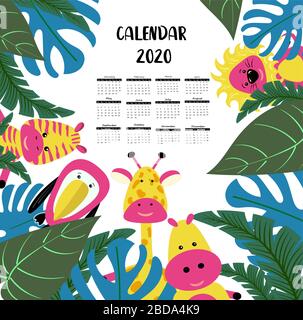 Calendario 2020. Bambini. Stile tropicale con simpatici e simpatici animali - zebra, giraffe e hippo personaggi. Poster per la camera dei bambini. Illustrazione Vettoriale