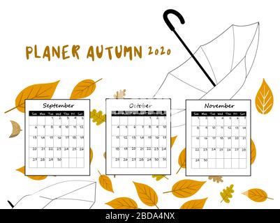 Aliante 2020 autunno per tre mesi settembre, novembre, dicembre. Programma del giorno per i bambini. Stile Scandinavo. Illustrazione Vettoriale