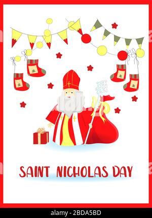 Illustrazione piana di Sinterklaas con copia della scheda Messaggi di saluto in stile cartoon con una tradizionale scarpa olandese riempito con doni e dolciumi. San Nicolas giorno Illustrazione Vettoriale