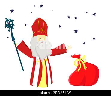 Simpatico biglietto di auguri con San Nicola con mitra e pastorale del personale e la caduta di neve. Inverno europeo di tradizione. Mano-letterati del testo. Design piatto, vettore Illustrazione Vettoriale