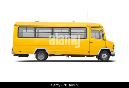 Giallo scuola bus vista laterale isolato su bianco Foto Stock