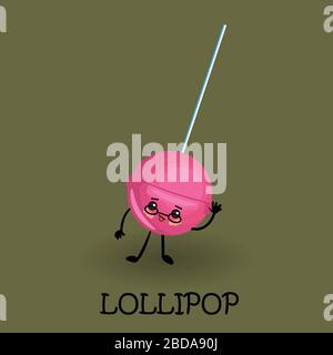 lollipop carattere caramella con viso e sorriso. Dolci e dessert Kawaii. Illustrazione Vettoriale