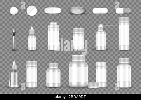 Confezione in flacone bianco e pillole, capsule isolate su sfondo trasparente. Contenitore medico farmaceutico e compresse mockup. Vettore Illustrazione Vettoriale