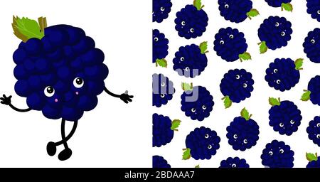 Carattere BLACKBERRY. Carino bacche divertente. Motivo vettoriale senza cuciture Berry. Colori luminosi.. Illustrazione Vettoriale