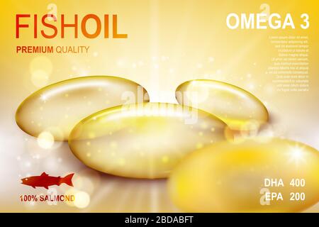 Modello di annunci di olio di pesce, omega-3 o capsula di softgel di vitamina e su sfondo dorato. Illustrazione 3D vettoriale realistica. Illustrazione Vettoriale