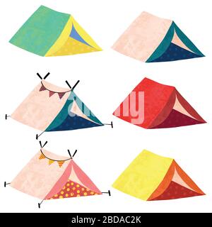 Camping Teepee tende illustrazione vettoriale. Set di icone di tende disegnate a mano. Illustrazione Vettoriale
