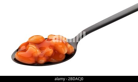 Cucchiaio di fagioli cotti in salsa di pomodoro isolato su fondo bianco Foto Stock