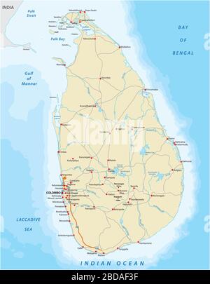 Mappa vettoriale a colori del paese dello Sri Lanka con importanti città e strade Illustrazione Vettoriale
